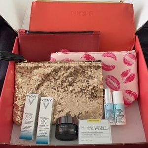 Multiple small cosmetic bags with product